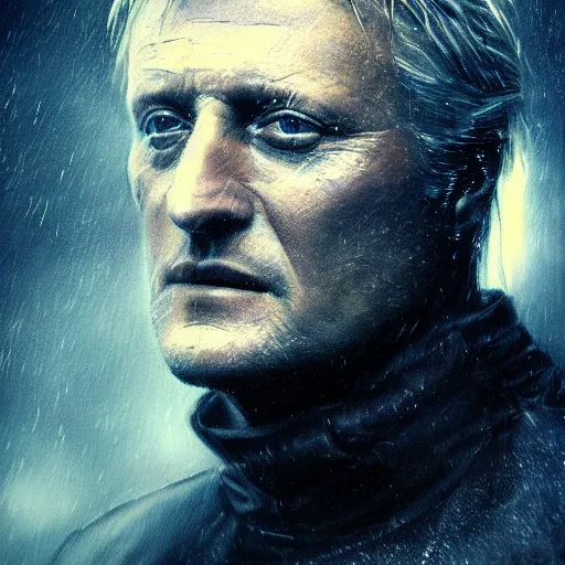 Image similar to cinematic portrait of rutger hauer in blade runner, perfect face, neon rain, moody, elegant, by alyssa monks, highly detailed, symmetrical face, fine details, masterpiece, trending on artstation