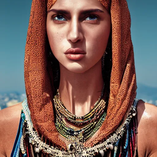 Image similar to portrait of a stunningly beautiful middle eastern tribal female, depth of field, zeiss lens, detailed, symmetrical, centered, fashion photoshoot, by Annie Leibovitz and Steve McCurry, David Lazar, Jimmy Nelsson, Breathtaking, 8k resolution, extremely detailed, beautiful, establishing shot, artistic, hyperrealistic, beautiful face, octane render