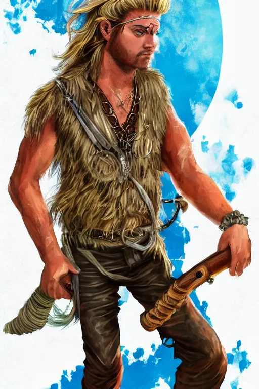 Image similar to a hippy male ranger, dnd, wearing a leather vest and white linen pants, wearing a a shell necklace, long swept back blond hair, a bongo, nunchuku, digital art