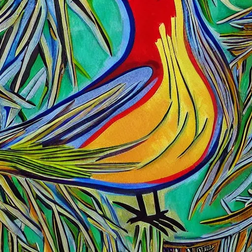 Prompt: A beautiful installation art of a bird in its natural habitat. The bird is shown in great detail, with its colorful plumage and intricate patterns. The background is a simple but detailed landscape, with trees, bushes, and a river. by José Clemente Orozco melancholic