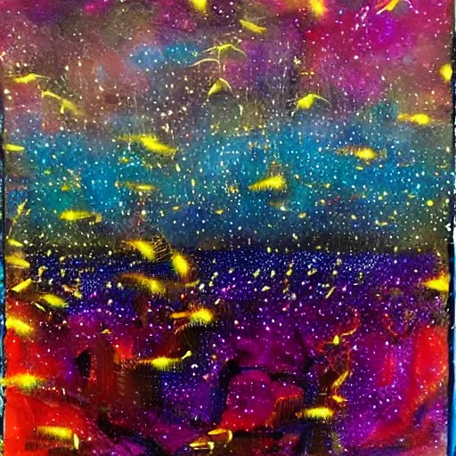 Prompt: a field of fireflies, colorful, ethereal, mixed media, paint, collage, bright