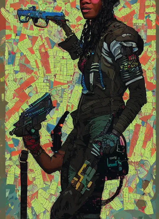 Image similar to maria igwe. cyberpunk mercenary in combat vest. portrait illustration, pop art, splash painting, art by geof darrow, ashley wood, alphonse mucha, makoto shinkai