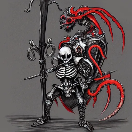 Image similar to concept art of skeleton holding a medieval shield and spear, d & d surrounded by red evil death tentacles, hyper detailed, hyper realistic, dark atmosphere, full body, full frame in the style of frank frazetta