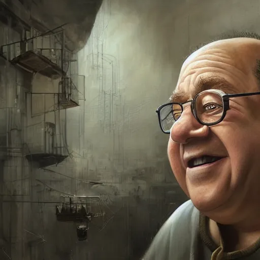 Image similar to hyperrealistic mixed media high resolution painting of a quadriplegic Danny DeVito, stunning 3d render inspired art by István Sándorfi and Greg Rutkowski and Unreal Engine, perfect facial symmetry, dim volumetric lighting, 8k octane beautifully detailed render, full body shot, post-processing, extremely hyper-detailed, intricate, epic composition, highly detailed attributes, highly detailed atmosphere, cinematic lighting, masterpiece, trending on artstation, very very detailed, masterpiece, stunning, flawless structure, lifelike texture, perfection,