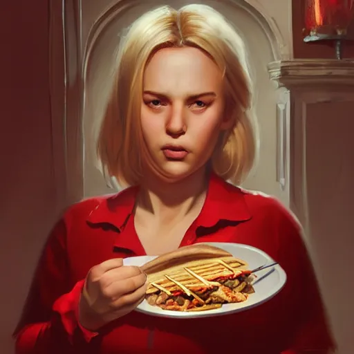 Prompt: portrait of a blonde chubby woman eating kebab, light stubble with red shirt inside victorian mansion ,digital art,photorealistoc,art by greg rutkowski,hyperdetailed,western comic style,comic,comic style,sharp lineart,professional lighting,deviantart,artstation,trevor henderson,rossdtaws,cinematic,dramatic