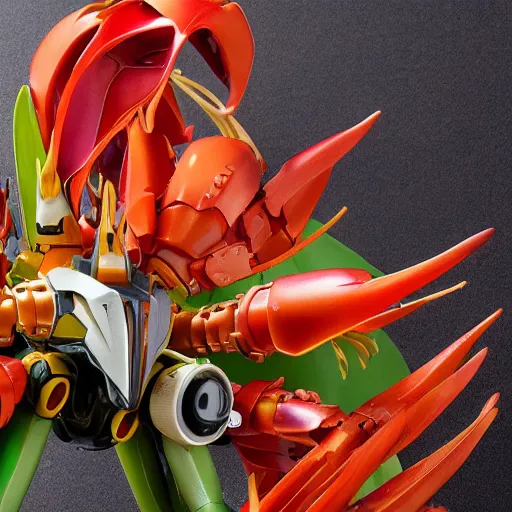 Image similar to futuristic heliconia rostrata mecha lobster claw plant body, sepals forming helmet, floral details, heliconia, 8 k hd resolution, barbatos gundam with floral inlay, bandai box art, star wars, makoto kobayashi, frank gehry, raymond swanland