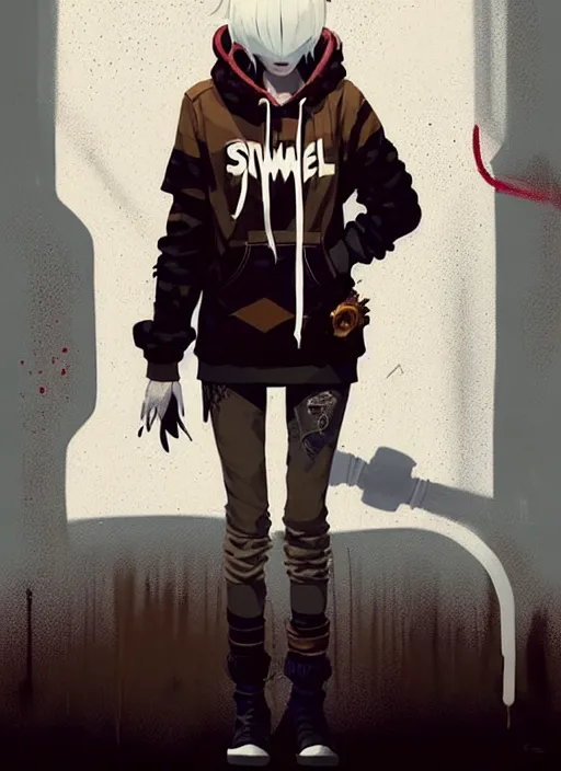 Image similar to highly detailed portrait of a sewer punk canadian lady, tartan hoody, white hair by atey ghailan, by greg rutkowski, by greg tocchini, by james gilleard, by joe fenton, by kaethe butcher, gradient red, brown, blonde cream and white color scheme, grunge aesthetic!!! ( ( graffiti tag wall background ) )