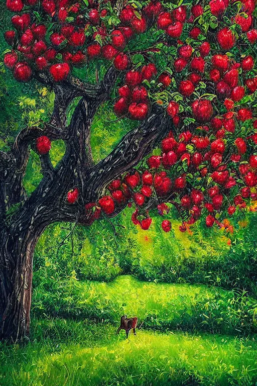 Prompt: beautiful detailed apple tree in a lush garden by Alena Aenami