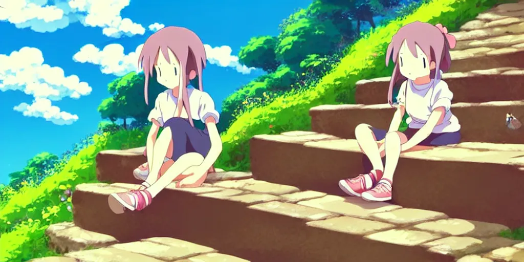 Image similar to the girl and the cat, sitting on stairs. morning in a small village in the mountains, rocky roads, beautifull puffy clouds. anime, studio ghibli. intricate, beautiful, cinematic