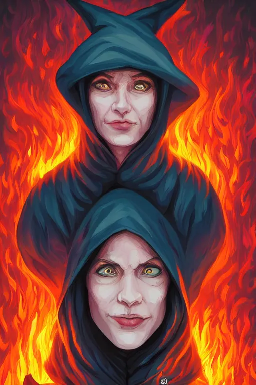 Image similar to aportrait of a witch fire with hoodie, trending on arstation, by dan mumford, by ross tran