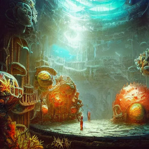 Prompt: Oil painting of underwater city, creepy fish, coral on walls, D&D, Magic The Gathering, by Craig Mullins, intricate details, light rays from the surface, Nekro, Victo Ngai, centered, symmetrical, volumetric lighting