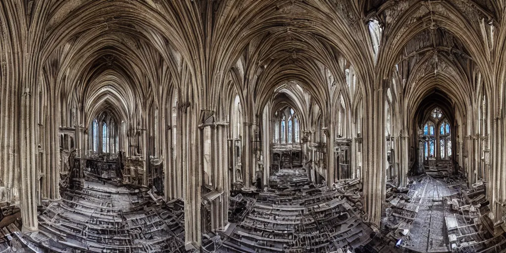 Image similar to a wide angle shot of the interior of an old and decaying cathedral, award-winning photo, 8k, extremely detailed and sharp, cinematic lighting