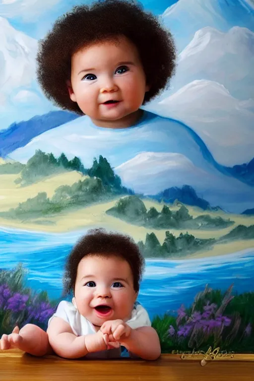 Prompt: a baby version of bob ross, in front of a finger painted mural on a wall, dramatic lighting, cinematic, establishing shot, extremely high detail, foto realistic, cinematic lighting, post processed, concept art, high details, cinematic, 8k resolution, beautiful detailed, photorealistic, digital painting, artstation, concept art, smooth, sharp focus, artstation trending, octane render, unreal engine