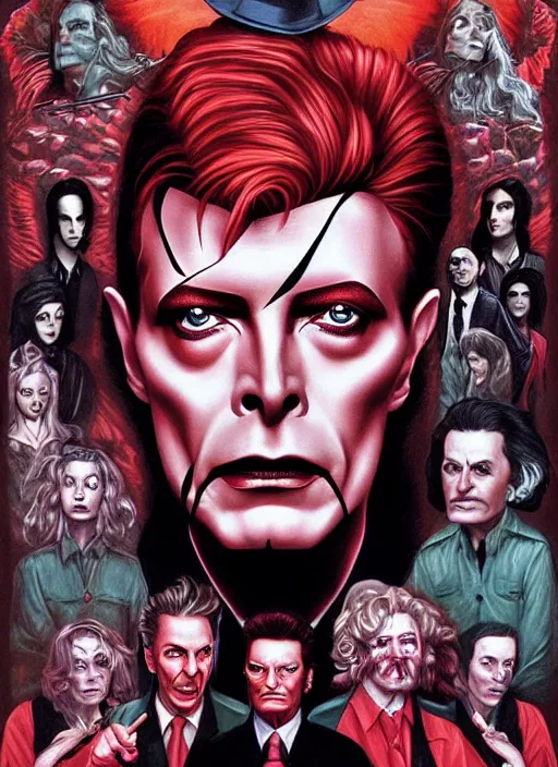 Image similar to twin peaks poster art, portrait of the demons of the black lodge have got david bowie swapped around their finger, by michael whelan, rossetti bouguereau, artgerm, retro, nostalgic, old fashioned