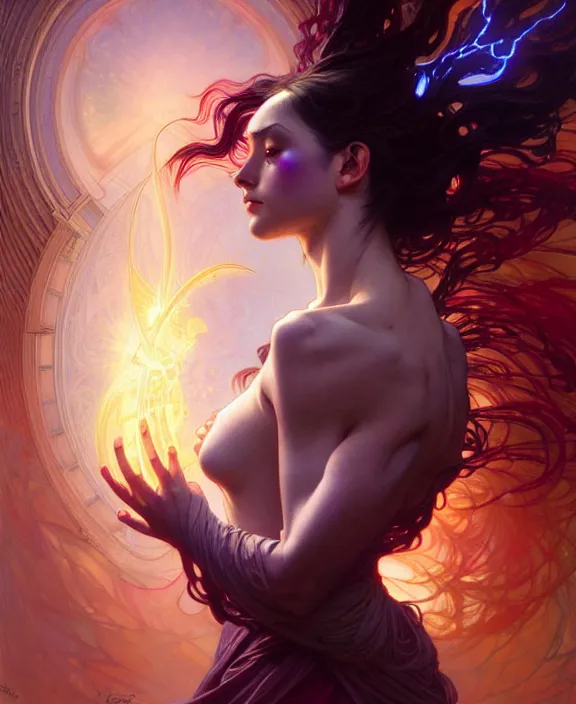 Image similar to a whirlwind of souls ushing inside the metaverse, half body, glowin eyes, d d, fantasy, intricate, elegant, highly detailed, colorful, vivid color, digital painting, artstation, concept art, art by artgerm and greg rutkowski and alphonse mucha and ruan jia