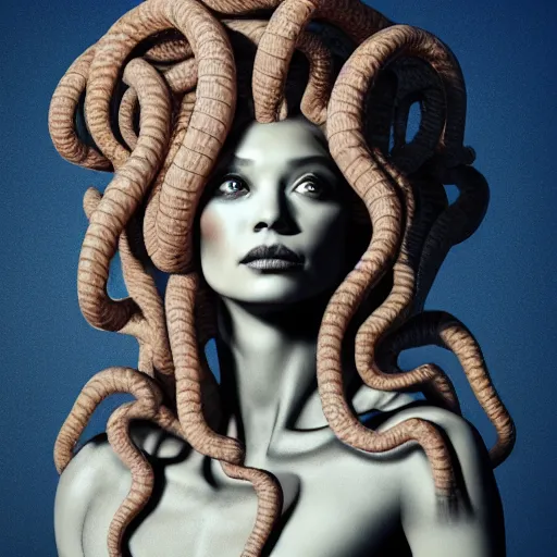 Prompt: photo of the beautiful gorgon medusa standing on dais by hiroko sakai and kago shintaro and gerald brom and horley alex, ultrarealistic, photorealistic, 8 k render, octane render, unreal render