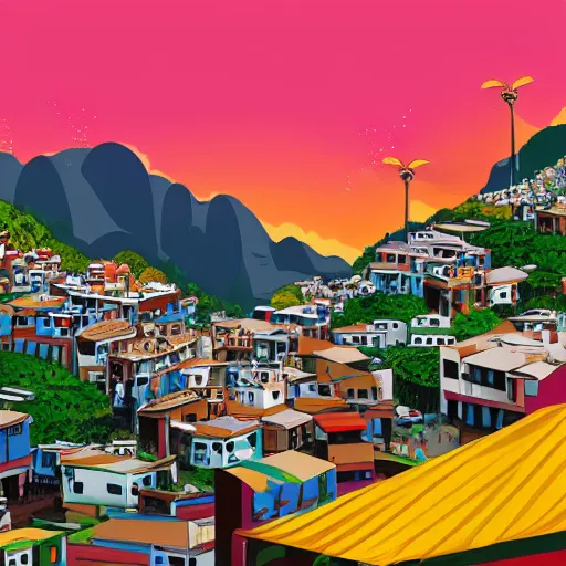 Image similar to photo of rio de janeiro favela being invaded by armed aliens,barraco, samba, churrasco, photorealistic, warm colors, tranquil, peace, happy rocinha