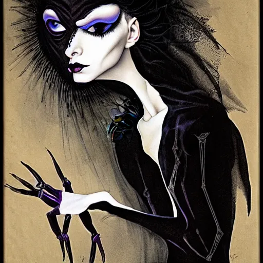 Image similar to goth woman as mysterious supervillain and and black veil and modestly clothed victorian goth, black feathers instead of hair, black wings instead of arms, gray mottled skin, black feathers growing out of skin, transforming, by tim burton and brian froud, german expressionist, paintbrush, rough paper, fine,