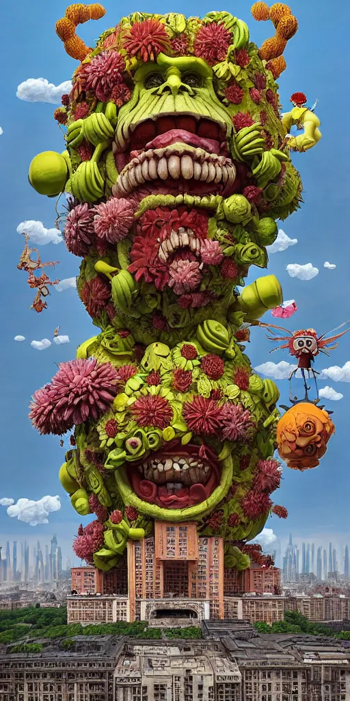 Image similar to colossal grotesque Beelzebub flower made from angry smiles in the middle of post soviet constructivist cityscape, Stalinist architecture, ultradetailed, Intricate by Hayao Miyazaki and Josan Gonzalez and Makoto Shinkai and Giuseppe Arcimboldo and MC Esher and Wes Anderson