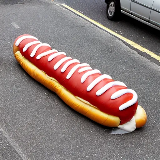 Image similar to giant hotdog laying in the street