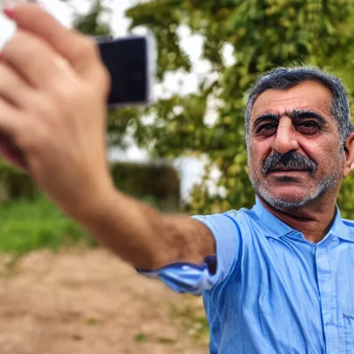 Image similar to my Kurdish dad taking a selfie with the front camera, in the background you can see a chimpanzee wearing male kurdish clothes, 4k uhd photo