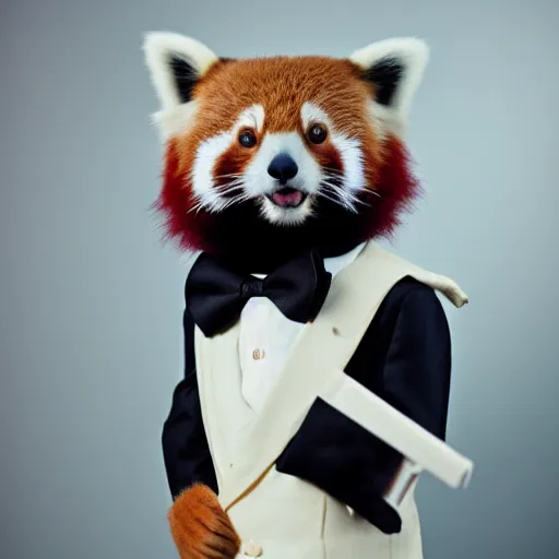 Prompt: Portrait of a Red Panda Wearing a Fancy Business Tuxedo, Expired Burned Film from 1930s, Softbox Lighting, 85mm Lens F/1.8