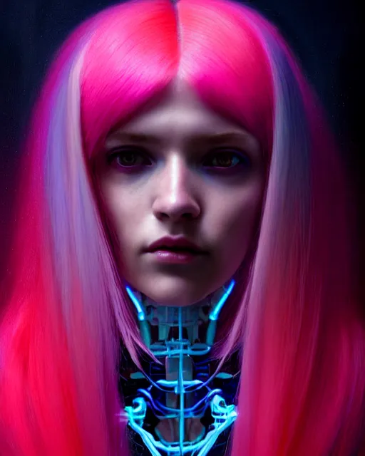 Image similar to a portrait of a beautiful young 28th century super cool post-human female with long neon like hair, barely human and largely biomechanical machine, hyper-realistic cyberpunk style, image by tom bagshaw , IKuvshinov Ily, photos by Annie Leibovitz, moody, models by 500px, dramatic cinematic lighting rendered by octane, 8k, detailed, intricate, clean and textures, trending on artstation, deviantart google images, pinterest