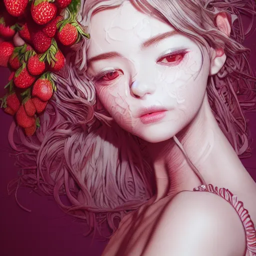 Image similar to the portrait of an absurdly beautiful, graceful, elegant, sophisticated, fashionable young gravure idol made of strawberries and white petals, an ultrafine hyperdetailed illustration by kim jung gi, irakli nadar, intricate linework, bright colors, octopath traveler, final fantasy, unreal engine 5 highly rendered, global illumination, radiant light, detailed and intricate environment