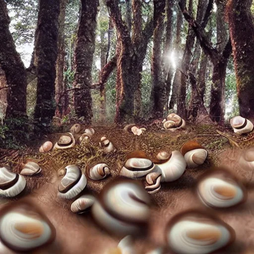 Prompt: a group of snails protesting in the forest. photograph, hyper-realistic