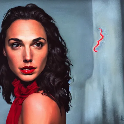 Image similar to Full body photo of the beautiful woman Gal Gadot a vampire, she is quiet, she has vampire fangs, there is a red glow coming from her, she is getting ulluminated by the red full moon, the photo was taking by Annie Leibovitz, matte painting, oil painting, naturalism, 4k, 8k