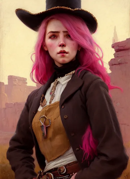 Prompt: female western sherif, beautiful girl, full body, pink hair, in old west, realistic, serov, surikov, vasnetsov, repin, kramskoi, insanely detailed, charlie bowater, tom bagshaw, high resolution, octane rendered, unreal engine, illustration, trending on artstation, masterpiece, 8 k