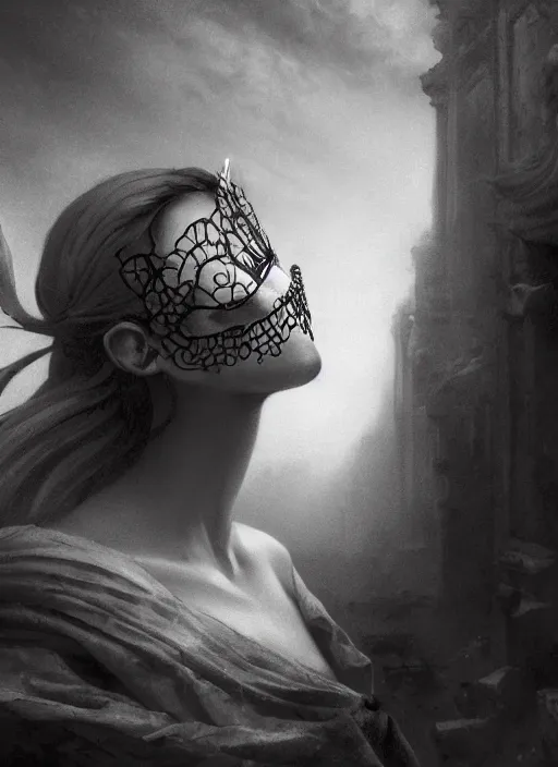 Image similar to close up of a veiled half scull mask girl on the ruins temple, looking at the camera very curiously, smog on the floor, extremely beautiful and aesthetic and attractive detailed face and body, chiaroscuro, dynamic pose, fantasy illustrations, by makoto shinkai and jeremy lipking and ferdinand knab