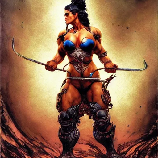 Image similar to muscular beautiful salma hayek wearing armor tombow artwork greg staples , dug stanat, norman rockwell , christophe young eytan zana , rumiko takahashi