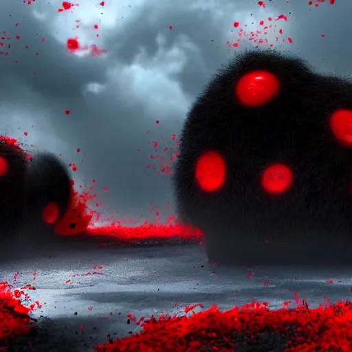 Image similar to a large glob of black fuzz floating in the middle of the screen, with a red outline, matte painting, concept art, 4 k