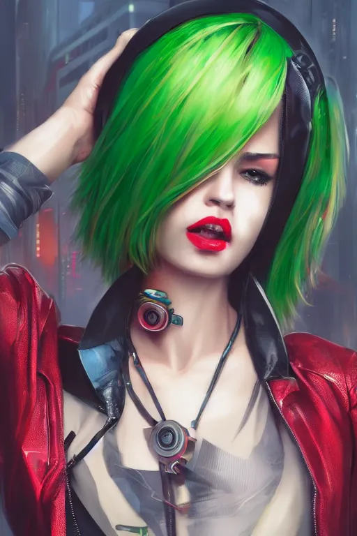 Image similar to cyberpunk woman with green hair wearing futuristic clothes and a red plaid miniskirt, beautiful face, by wlop, by artgerm, by yoshitaka amano, digital art, matte art, octane render, lineart, pop art, character art