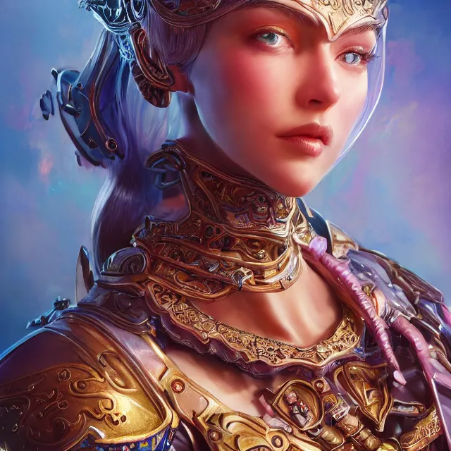 Image similar to studio portrait of lawful good colorful female holy mech paladin as absurdly beautiful, elegant, young sensual pretty woman, ultrafine hyperrealistic detailed face illustration by kim jung gi, irakli nadar, intricate linework, sharp focus, bright colors, matte, octopath traveler, final fantasy, unreal engine highly rendered, global illumination, radiant light, intricate environment