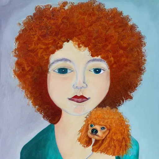 Image similar to an abstract painting of a beautiful pale woman with orange hair holding both a curly headed baby boy and also a brown poodle