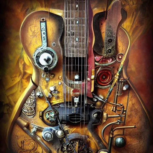 Image similar to photo of an eccentric steampunk electric guitar with ornaments, ultra realistic, vapor tubes, clock, mucha, art deco, art nouveau, neo goth, goth, cyberpunk, neons, 3 d chromes, unreal