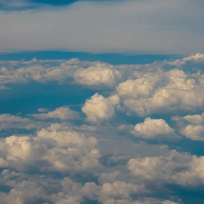 Image similar to Endless clouds towering high, seen from a plane, no ground visible, very detailed, 8k resolution, pale yellow hue with brown shadows