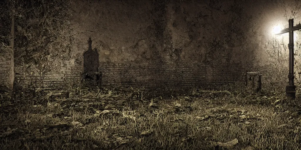 Prompt: a single worn brick throne in a creepy overgrown graveyard at night, volumetric lighting, dark