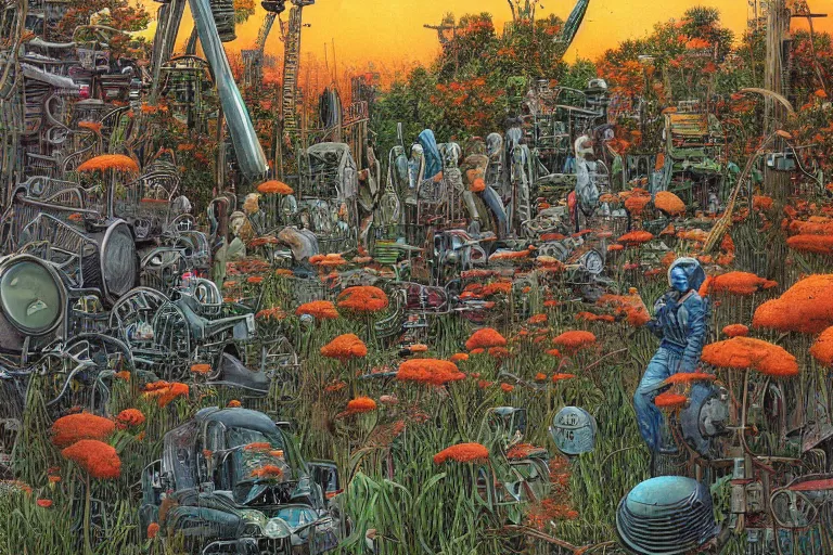 Image similar to super - detailed scene twilight junkyard, louisiana swamps, orange blooming flowers garden, 8 k, 8 0 s japanese sci - fi books art, artwork by jean giraud