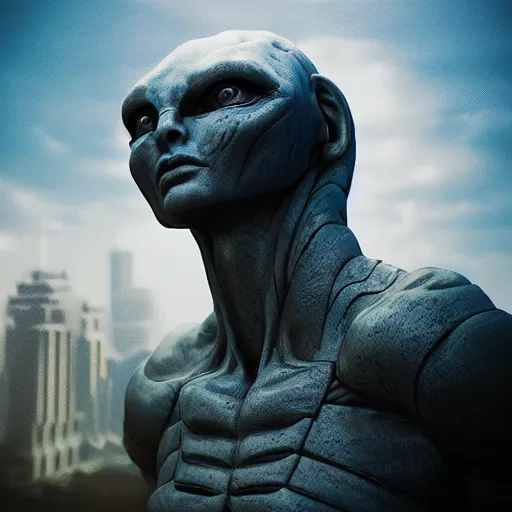 Prompt: a hyper real comic book style portait painting of a stone statue of an alien in a futuristic city in the background, unreal 5, hyperrealistic, octane render, cosplay, rpg portrait, dynamic lighting