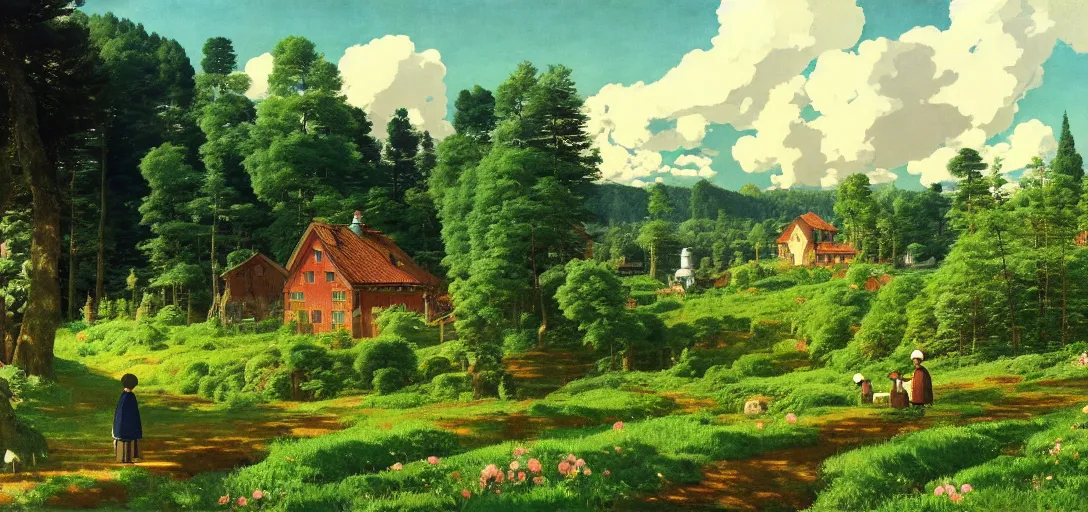 Prompt: ghibli illustrated background of strikingly beautiful swedish farm, the fealds and forests in the background by vasily polenov, eugene von guerard, ivan shishkin, albert edelfelt, john singer sargent, albert bierstadt 4 k