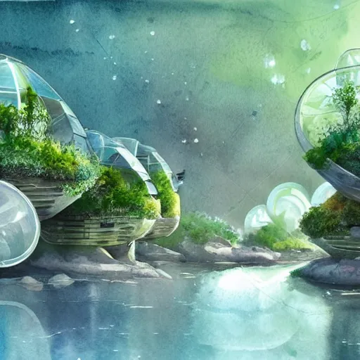 Prompt: beautiful happy picturesque charming sci - fi organic pod - like homes consisting of modules of the future in a beautiful natural scene. water, trees and rocks. beautiful light. soft colour scheme. beautiful artistic detailed watercolor by lurid. ( 2 0 2 2 )