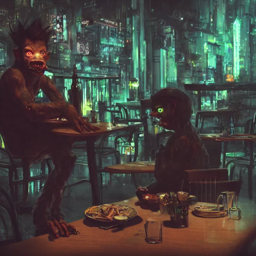 Image similar to a bored male goblin punk sitting alone at a table in a cafe in a cyberpunk city, close up shot, sharp focus, shallow depth of field, highly detailed face, 8k, unreal engine 5, cinematic lighting, vivid elegant fantasy concept art, character art, stern blue neon atmosphere, artstation, deep complimentary colors, volumetric lighting, photorealistic, hyperdetailed 3D matte painting, hyperrealism, hyperrealistic masterpiece
