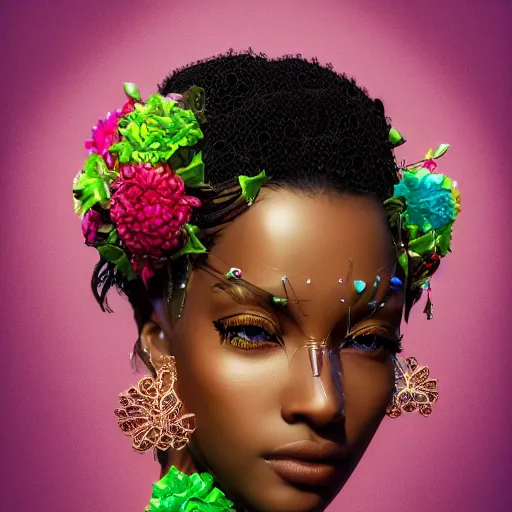 Prompt: the portrait of the absurdly beautiful, graceful, elegant, gorgeous, fashionable black female model made with colorful jewelry, an ultrafine hyperdetailed photograph by irakli nadar, intricate linework, bright colors, octopath traveler, final fantasy, unreal engine highly rendered, global illumination, radiant light, intricate environment