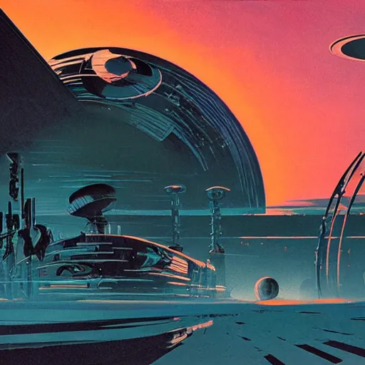 Prompt: post apocalyptic planet by syd mead