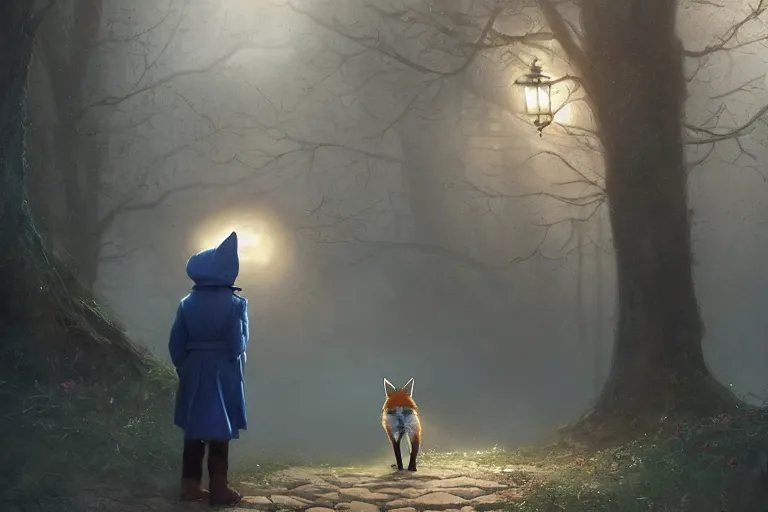 Prompt: portrait of a fox wearing blue coat stood outside a school, trending on artstation, highly detailed, digital painting, volumetric light, concept art, middle focus, illustration, lighting by Marc Adamus, daren bader, aleksi briclot, rutkowski, bouguereau