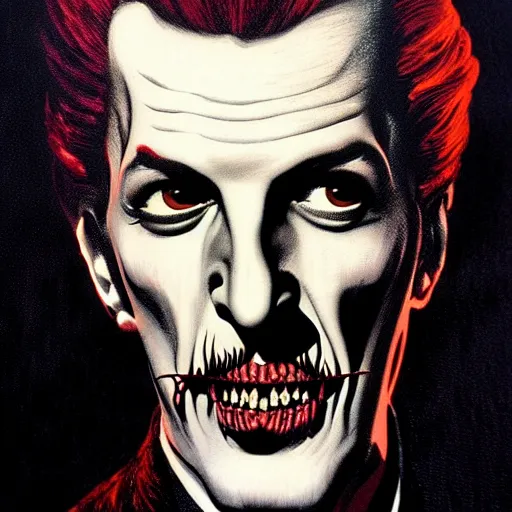 Image similar to 1 9 6 0 s vincent price portrait, soft light, by killian eng and joe fenton and bernie wrightson and conrad roset, inspired by dracula, red only, etching and paint, fine sharp high detail,