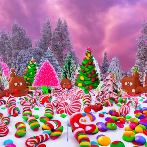 Image similar to Candy land forest during christmas time with anthropomorphic ginger bread people and candy people, rivers made out of chocolate milk, the sky is pink, 3d art, Surreal, Angelic, HD, Hyper Realistic